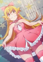 ass_visible_through_thighs bakemonogatari bandaid bandaid_on_pussy blonde_hair blush_stickers body_blush criss-cross_halter dress dutch_angle female from_below gesugesu_ahoaho halter_top halterneck headwear light-skinned_female long_hair monogatari_(series) oshino_shinobu pointy_ears short_dress shoulders thick_thighs thighhighs thighs yellow_eyes