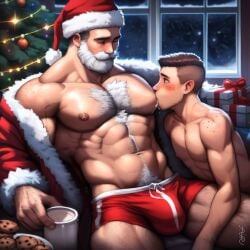 2024 2boys abs ai_generated avaru beard biceps body_hair boxers brown_hair christmas christmas_outfit christmas_tree cookies couple gay human humanoid male male/male male_focus male_only mammal mammal_humanoid milk milk_and_cookies muscular muscular_male nipples old_man older_male santa_claus santa_costume santa_hat size_difference smaller_male sucking_nipples tagme white_hair yaoi