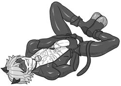 1boy abs adrien_agreste balls bangs bell_collar bent_knees blonde_hair boner cat_ears cat_noir chat_noir cum cum_on_body cum_on_face cum_on_self erection feet_together fit_male foreskin hand_between_legs hand_on_penis human_only latex_suit legs_apart light-skinned_male lying_on_back male male_only mask masturbation miraculous_ladybug monochrome muscles muscular muscular_male nipples open_clothes open_topwear pecs penis schizoid short_hair simple_background smile solo steel-toe_boots straight_hair toned toned_male uncircumcised