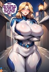 1girls ai_generated big_breasts blonde_female blonde_hair blonde_hair blonde_hair_female blue_eyes bodysuit breasts cleavage collarbone crossed_arms curvaceous curvaceous_female curvaceous_figure curvy curvy_female curvy_figure female hi_res highres huge_breasts large_breasts marvel marvel_comics marvel_rivals mature mature_female mature_woman milf outside razorthreat seducing seductive seductive_look seductive_smile stable_diffusion sue_storm text voluptuous voluptuous_female