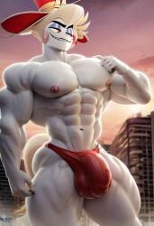 abs ai_generated bara big_pecs bulge civitai daddy dilf flexing giant grin hazbin_hotel looking_down lucifer_morningstar_(hazbin_hotel) macro male male_only muscular satisfied sexy solo_focus solo_male white_body