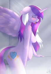 2016 absurd_res alicorn anthro anthrofied blush breasts closed_eyes cutie_mark dildo equine eyelashes feathered_wings feathers female floppy_ears friendship_is_magic fur hair hi_res horn long_hair mammal masturbation matimus91 multicolored_hair my_little_pony nipples open_mouth pink_fur pregnant princess_cadance_(mlp) sex_toy shower solo tongue tongue_out wet wings