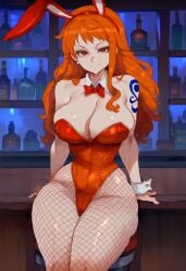 1girls ai_generated aksn bare_arms bare_shoulders big_breasts blush bunny_ears bunnysuit clothed clothing color female female_focus female_only fishnets hi_res large_breasts light-skinned_female light_skin long_hair looking_at_viewer nami nami_(one_piece) no_bra one_piece orange_eyes orange_hair shounen_jump solo solo_female thick_thighs