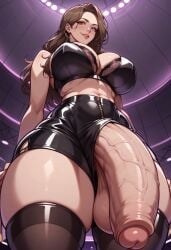 ai_generated bra cum cum_drip cum_on_body cum_on_breasts cum_on_face futa_focus futa_only futanari glasses huge_ass huge_breast huge_butt huge_cock latex latex_clothing milf mommy stockings stripper_pole