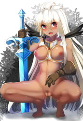 bare_shoulders blush bottomless breastless_clothes breasts dark-skinned_female dark_skin female gloves granblue_fantasy long_hair looking_at_viewer nude open_mouth panties planted_sword planted_weapon pussy red_eyes smile solo squatting sword tenken_(gotannda) underwear very_long_hair weapon white_hair zooey_(granblue_fantasy)