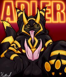 2_penises adler_(adler) anthro balls big_balls black_body black_fur black_sclera bodily_fluids bottom_view claws diphallia diphallism fangs feet fur genital_fluids genitals gold_markings gold_pawpads hi_res hood horn impim kellirah long_ears long_tail long_tongue looking_at_viewer male markings multi_genitalia multi_penis neon_sign oni_impim pawpads penis pink_tongue pointy_ears pointy_tongue precum precum_string red_background shaded sign signature simple_background smile smiling_at_viewer smirk smirking_at_viewer solo spread_toes tail tapering_penis teeth text toes tongue warm_colors warm_lighting watermark wet wet_penis whiskers yellow_eyes yellow_horn