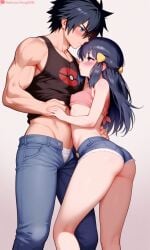 1boy 1boy1girl ai_generated black_hair couple dawn_(pokemon) female petite petite_body petite_female pokemon short_hair small_breasts