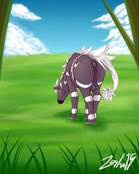 anus ass backsack balls big_balls big_butt cloud equine feral grass grassland hi_res hooves looking_at_viewer male male_only mammal nintendo penis pokemon presenting presenting_hindquarters pretzelbutt427 rear_view sky solo troy_zebstrika video_games zebra zebstrika