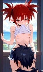 1boy ai_generated black_hair clothed couple crossover demon_girl disgaea etna exposed_breasts fairy_tail female gray_fullbuster red_hair small_breasts