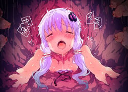 bare_shoulders blush breasts breath closed_eyes dress dress_pull female hair_ornament low_twintails nipples no_bra open_mouth petenshi_(dr._vermilion) purple_hair restrained saliva short_hair_with_long_locks solo stationary_restraints sweat tears tentacle through_wall tied_hair trembling twintails vocaloid voiceroid yuzuki_yukari