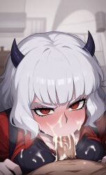 ai_generated angry angry_expression angry_face blush blush_lines blushing_at_viewer cum cum_in_mouth cum_inside cute demon demon_girl helltaker helltaker_(character) helltaker_(style) horns looking_at_viewer malina_(helltaker) mizumizuni_(style) red_eyes tagme white_hair