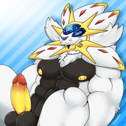 1boy 2016 anthro balls big_balls big_pecs big_penis erection feline grin hands_behind_back legendary_pokemon lion looking_at_viewer male male_only mammal nintendo pecs penis pokémon_(species) pokemon presenting schwarzfox simple_background smile solgaleo solo teeth video_games