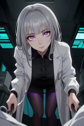 ai_generated black_shirt bondage dominant_female domination dr.moon_scp evil_eyes labcoat looking_down_at_viewer pantyhose pov purple_eyes silver_hair staring_at_viewer