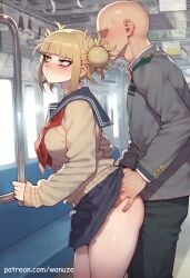 ai_generated bald big_ass big_breasts big_butt big_thighs blonde_hair blush faceless_male from_side groping groping_ass groping_from_behind huge_ass huge_butt huge_thighs light-skinned_male light_skin medium_breasts molestation muscular muscular_male my_hero_academia school_uniform standing toga_himiko train wanuze wide_hips yellow_eyes