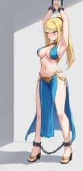 ai_generated belly_dancer belly_dancer_outfit blonde_female blonde_hair blush chained_ankles chained_up chained_wrists embarrassed female female_focus female_only harem_girl harem_outfit loincloth metroid nintendo pelvic_curtain samus_aran self_upload slave_bikini slave_leia slave_leia_(cosplay) slave_outfit stable_diffusion