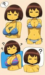 ? ??? ai_generated big_breasts bikini bob_cut brown_hair cash closed_eyes confusion female female_frisk frisk frisk_(undertale) money_between_breasts multiple_images multiple_outfits neutral_expression pixai shoulder_length_hair simple_background slim_waist solo undertale undertale_(series) upper_body