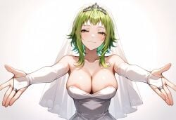 1girls ai_generated areola_slip bare_shoulders blossomtea blush breasts bridal_gauntlets civitai cleavage collarbone dot_nose female female_focus female_only gown green_eyes green_hair gumi half-closed_eyes illustrious_(stable_diffusion) large_breasts light_blush light_smile lost_media masa_works_design medical_wedding_(vocaloid) megpoid megpoid_gumi mv_character self_upload short_hair_with_long_locks simple_background smile solo solo_female tareme tiara upper_body veil vocaloid wedding_dress wedding_gown wedding_veil white_background white_bridal_gauntlets white_gown white_veil