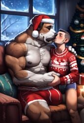 2024 2boys abs ai_generated anthro avaru biceps boxers brown_hair bulge canine christmas christmas_outfit christmas_tree couple cuddling domestic_dog gay gay_kissing human humanoid kissing male male_only muscular muscular_male nipples romantic_couple santa_costume santa_hat size_difference smaller_male yaoi