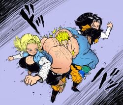 1girls 2boys android_17 android_18 ass ass_sandwich ass_to_ass big_ass big_ass_(male) big_butt black_hair blonde_hair blonde_hair_female blue_pants both_sexes_in_same_situation color color_edit colored colorshun dragon_ball dragon_ball_z green_eyes hip_attack kojoarts long_hair short_hair son_gohan