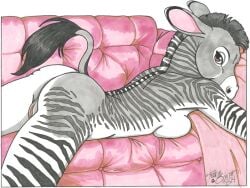 2024 anthro asinus ass black_hair breast_squish breasts brown_eyes donkey equid equine female furniture genitals grey_body hair hybrid looking_at_viewer lying mammal nude on_front pussy sofa solo squish terrie_smith white_body white_hair zebra zebroid zeedonk zonkey