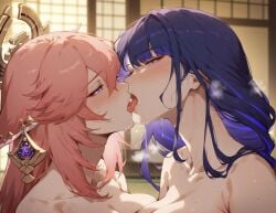 ai_generated genshin_impact kissing raiden_shogun tagme tongue_kiss yae_miko yuri