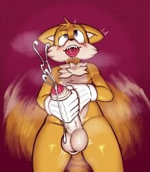 anthro balls blush bodily_fluids drooling foreskin genitals glistening glistening_body hi_res looking_pleasured low-angle_view male masturbation penis saliva sega smooth_skin solo sonic_the_hedgehog_(series) tails tongue tongue_out vaalgarth