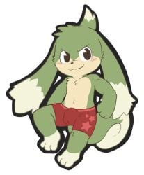 2015 3_toes 4_fingers anthro bandai_namco barefoot black_eyes blush clothed clothing feet fingers fist fur green_body green_fur hybrid kutty_(summon_night) lagomorph leporid looking_at_viewer male mammal oob rabbit rodent sciurid simple_background smug solo summon_night tail tan_body tan_fur toes tree_squirrel underwear underwear_only white_background