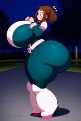 ai_generated blush fat_ass goldencum34 massive_ass massive_breasts massive_butt my_hero_academia night_sky ochako_uraraka ochako_uraraka_(hero_outfit) shocked thick_thighs uraraka_ochako uraraka_ochako_(hero_outfit) wide_hips