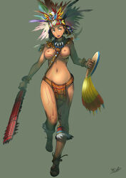 1girls artist_request ass aztec bodypaint breasts female female_only human macuahuitl native nipples sandals shield solo sword text toes tribal weapon yellow_eyes