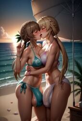 2futas ai_generated arm_around_waist balls_bigger_than_penis balls_under_clothes beach beach_umbrella big_balls big_breasts big_penis big_testicles bikini blonde_hair blush brown_hair bulge civitai closed_eyes closed_eyes collarbone day flaccid flaccid_penis french_kiss french_kissing futa_on_futa futa_only futa_with_futa futanari green_bikini hair_between_eyes hand_on_another's_waist hand_on_hip huge_balls huge_bulge huge_testicles kissing kissing long_hair mizuiro01 navel ocean open_mouth outdoors penis_under_clothes ponytail sand side-tie_bikini side-tie_bikini_bottom sky standing swimsuit testicles tongue_out uncensored underwear white_bikini