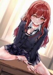 arm_support averting_eyes black_necktie black_skirt black_sweater blush brown_hair commentary_request crotch_rub dutch_angle female female_masturbation female_pubic_hair groin harumaki1005 highres idolmaster idolmaster_shiny_colors indoors masturbation necktie no_panties on_table osaki_amana plaid_clothes plaid_skirt pleated_skirt pubic_hair pussy_juice school_uniform shirt sitting skirt solo spread_legs sweater table table_humping thighs white_shirt
