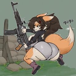 annoyed_expression anthro barrier brown_hair bubble_butt cross-popping_vein fat_ass female fluffy_tail fox gun huge_ass sandbag stg-44