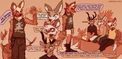 2025 anthro antlers being_watched biped blep blush boots bottomless bottomless_anthro bottomless_male bottomwear brown_body brown_fur canid canine canis cantio_(lawyerdog) casual_exposure choker clothed clothing coyote deer dialogue digital_media_(artwork) domestic_ferret ear_twitch english_text ferar_(lawyerdog) flaccid footwear foreskin fur genitals gesture group hi_res horn humanoid_genitalia humanoid_penis jewelry lawyerdog looking_at_another maki_(lawyerdog) male male_anthro mammal maned_wolf multicolored_body multicolored_fur mustelid musteline necklace panko_(lawyerdog) pants penis public public_exposure shirt shoes tan_body tan_fur tank_top text tongue tongue_out topwear true_musteline waving weasel white_body white_fur