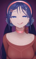 1girls blue_eyes blue_hair breasts choker collarbone cum cum_on_chest cum_on_face facial female female_only licking_lips lipstick looking_at_viewer miside mita_(miside) naughty_face solo twintails