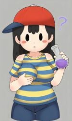 5_fingers :o ? ai_generated arm_sleeves baseball_cap big_breasts black_eyes black_hair blush_stickers clothed confusion earthbound female female genderswap_(mtf) genderswap_potion gray_background holding_own_breast long_hair mother_2 ness pixai potion potion_bottle red_cap rule_63 shorts sideways_baseball_cap simple_background sleeveless_shirt solid_oval_eyes solo striped_shirt upper_body