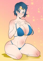 1girls ami_mizuno bikini bishoujo_senshi_sailor_moon blue_eyes blue_hair circlet female female_only huge_breasts large_breasts lufidelis on_knees sailor_mercury solo swimsuit