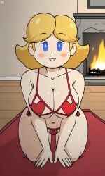 5_fingers ai_generated bangs blonde_hair blue_eyes blush_stickers busty clothed curvy earthbound female female fireplace indoors kneeling large_breasts lingerie living_room long_hair looking_at_viewer milf mother mother_2 ness's_mom pixai red_lingerie red_rug rug solo thick_thighs