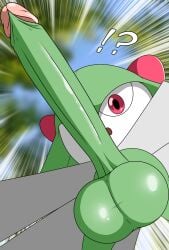 anthro anthro_only balls erection futa_only futanari green_hair kirlia large_penis penis pokemon pokemon_(species) red_eyes solo surprised