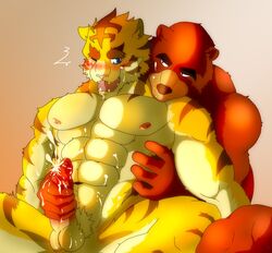 abs absurd_res anthro balls bear blush colored cum duo erection feline handjob hi_res juuichi_mikazuki kemono0924 male mammal morenatsu muscular nude orgasm pecs penis simple_background tiger torahiko_(morenatsu) yaoi