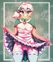 1girls anthro areolae avante92 blush breast_slip breasts brown_eyes clitoris dress female female_only looking_at_viewer maid nipples no_panties pokemon pokemon_sm pokemorph pussy rowlet skirt skirt_lift solo standing thighhighs