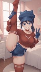 1boy 1girls ai_generated bedroom blue_eyes blue_gloves blue_hair blue_hat blush breasts cap cappie_(miside) cool_mita_(miside) crop_top female female_focus gloves hand_on_hip hat hat_with_ears hi_res highres holding_leg indoors leg_spread legs_up legwear light-skinned_female light_skin lowiwer medium_breasts miside mita_(miside) peace_sign shorts sidelocks smile splits spread_legs standing_on_one_leg stockings thighhighs thighs uncensored