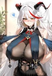 1girls aegir_(azur_lane) ai_generated azur_lane big_breasts breasts female female_focus female_only hard_nipples horns huge_breasts large_breasts long_hair looking_at_viewer nipples nipples_visible_through_clothing thick_thighs thighs white_hair yellow_eyes