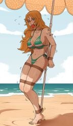 2024 2d 2d_(artwork) ball_gag big_breasts bikini bondage bondage bound breasts curled_toes female female_focus female_only femsub gag gagged human human_only light-skinned_female light_skin looking_at_viewer nami nami_(one_piece) one_piece orange_hair outdoors restrained skelebomb solo solo_female solo_focus submissive submissive_female swimsuit swimwear thighs tied_up