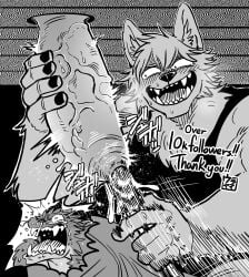 anthro black_nails black_nose blush bodily_fluids canid canine canis colored_nails crying dragon english_text forced_penetration genital_torture genitals hi_res male mammal monochrome mythological_creature mythological_scalie mythology nails ouch painful_penetration penetration penis purple_(yokunaiplay) scalie screaming smile sounding_rod sweat tears teeth text thank_you thanking urethral urethral_penetration vein veiny_penis wolf yokunaiplay