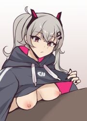 black_fingernails hair_ornament hoodie indie_virtual_youtuber nipples red_eyes ryhluen saruei_(vtuber) showing_off virtual_youtuber white_hair