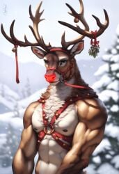 1boy 2024 ai_generated anthro antlers avaru brown_body brown_fur cervine cervine_antlers cervine_humanoid christmas fur humanoid male mammal muscular muscular_male nipples reindeer reindeer_antlers reindeer_humanoid rudolph rudolph_the_red-nosed_reindeer rudolph_the_red_nosed_reindeer solo