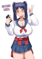 1girls big_breasts blush breasts cleavage clothed clothed_female female female_only holding holding_phone miside mita_(miside) peaceful_(artist) phone skirt solo solo_female