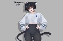 1femboy artist_self-insert ash_catt ash_catt_(character) black_hair bulge bulge_through_clothing cat_ears cat_tail catboy eyeliner femboy grey_background height height_chart looking_at_viewer slender_body spats