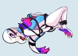 anthro bloowolfy blue_background bondage bondage bound female gag gagged generation_7_pokemon multicolored_body nintendo pokemon pokemon_(species) reptile restraints rope rope_bondage rope_harness salazzle scalie simple_background solo white_body