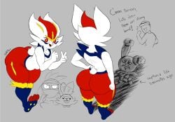 ambiguous_gender anthro anthro_only ass big_butt bodily_fluids buneary cinderace clothing dialogue english_text erection erection_under_clothing fur furry gafer.exe generation_4_pokemon generation_8_pokemon gesture group hand_gesture hi_res huge_butt male nintendo pokemon pokemon_(species) raboot scorbunny sweat sweatdrop text v_sign white_body white_fur